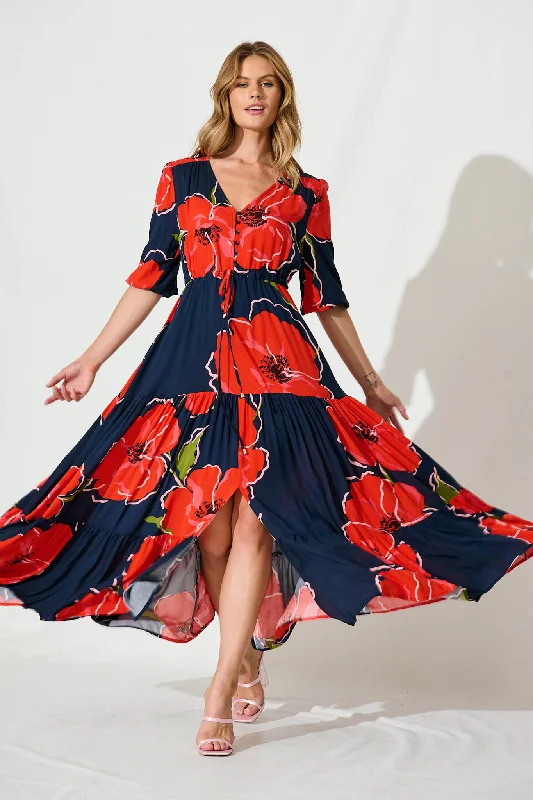 Emilia Maxi Dress In Navy With Red Floral