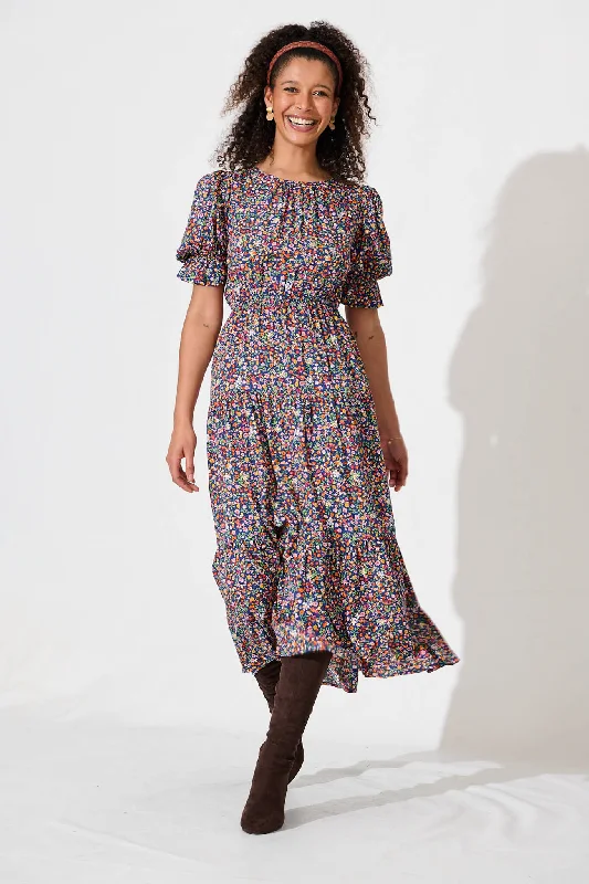 Laura Midi Dress In Blue Multi Ditsy