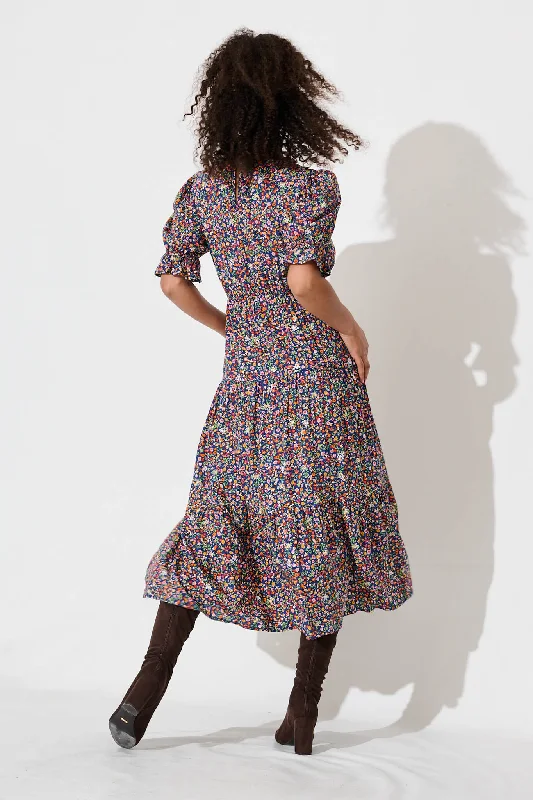 Laura Midi Dress In Blue Multi Ditsy