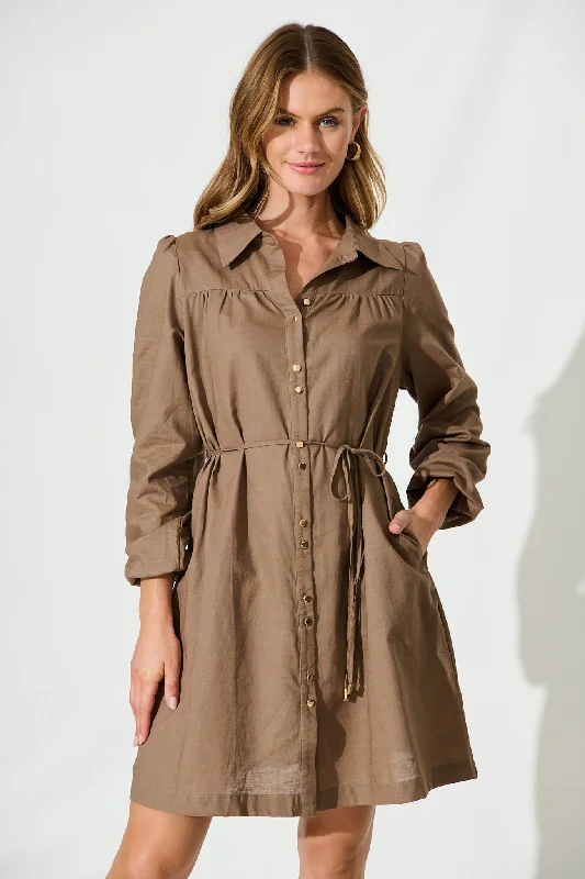 Oatley Shirt Dress In Taupe Cotton Linen