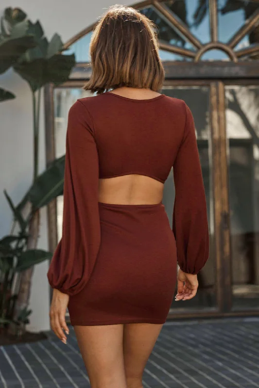 Annecy Long Sleeve Cut-Out Waist Mini Dress Chocolate