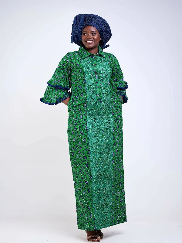 Manita Collections Long Sequined Ankara Dress - Dark Green