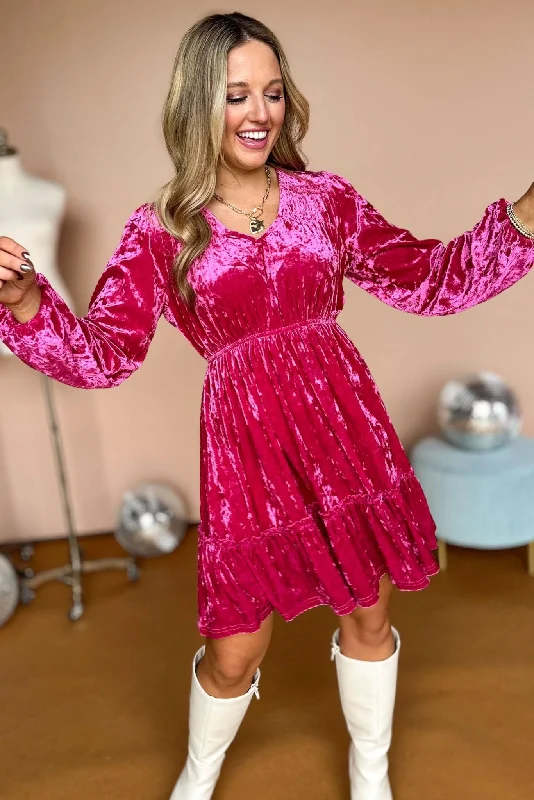 Magenta Velvet V Neck Long Sleeve Dress