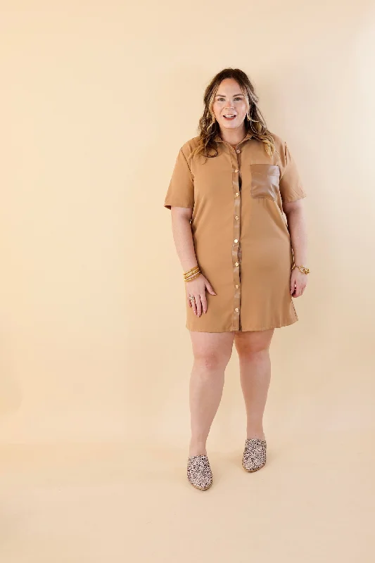 Put Your Records On Button Up Faux Leather Trim Dress in Camel Brown