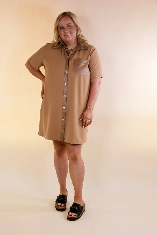 Put Your Records On Button Up Faux Leather Trim Dress in Camel Brown