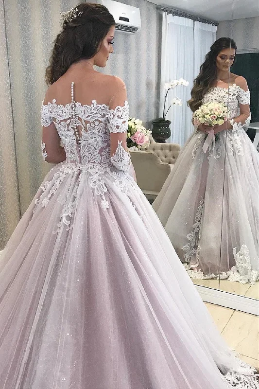 Princess Illusion Neck A-line Pink Wedding Dress with Lace