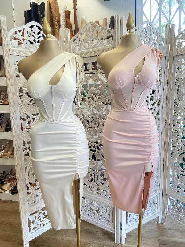 Bigger Savings, Better Shopping!Baby Pink Satin Midi Cutout Dress