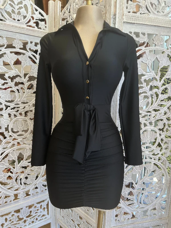 Huge Price Cuts Await!Black Button Tie Front Dress