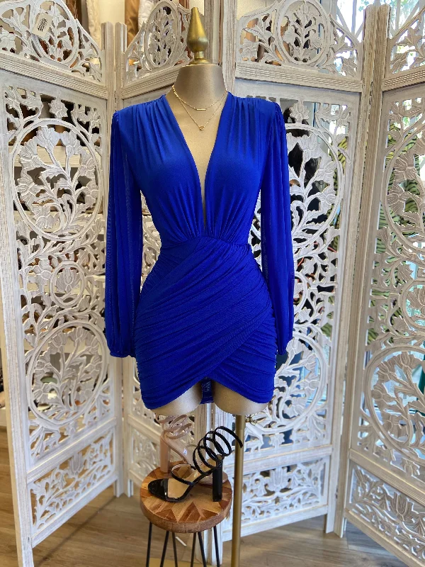 Hottest Discounts of the Year!Royal Blue Wrapped Deep V Mini Dress