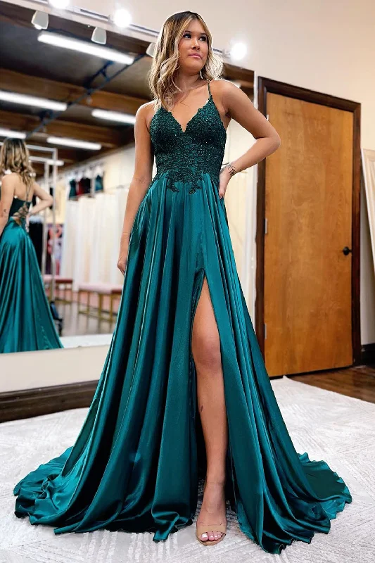 Get It Before It’s Gone!Dark Green Satin A-Line Appliques Prom Dress with Slit