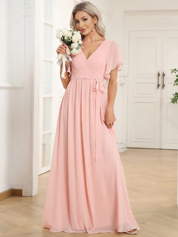 Buy More, Pay Less!Flowy Pleated A-Line Chiffon Tie-Waist Bridesmaid Dress