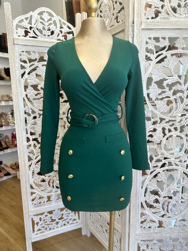 Get the Best for Less!Green Wrapped Button Detail Dress