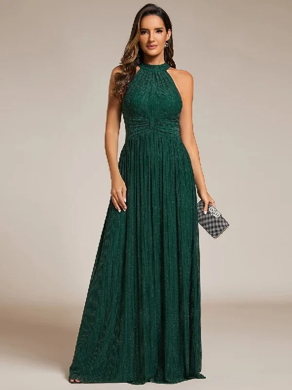 Special Discounts Inside!Halter Neck Pleated Glittery Formal Evening Dress with Empire Waist