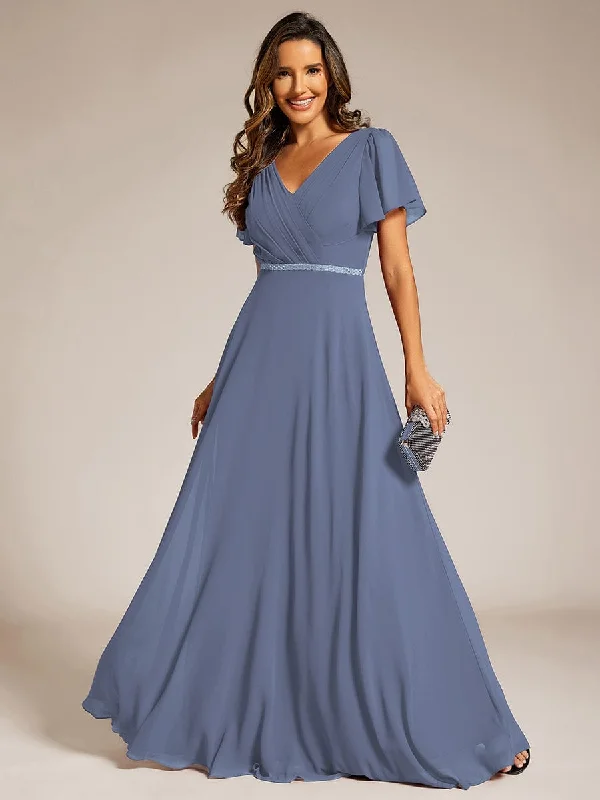 Your Discount is Waiting!Pleated A-Line Chiffon Formal Evening Dress with Short Sleeves and Sequin Waist