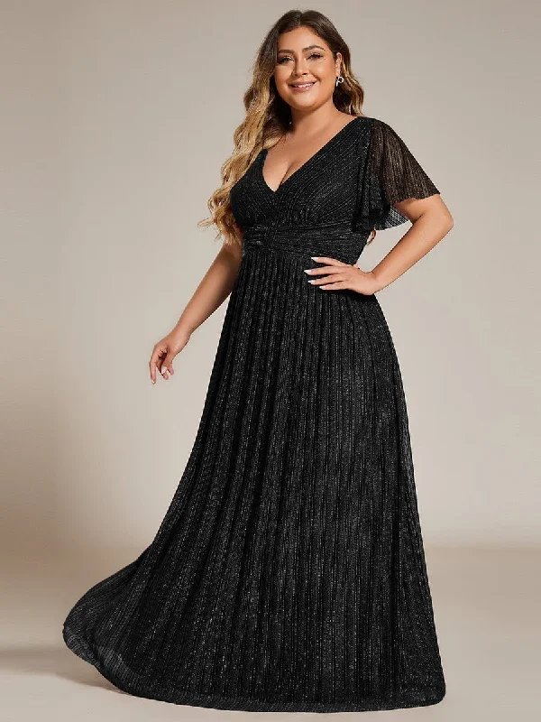 Find Your Perfect Deal Today!Plus Size V-Neck Glittery Short Sleeves Formal Evening Dress with Empire Waist