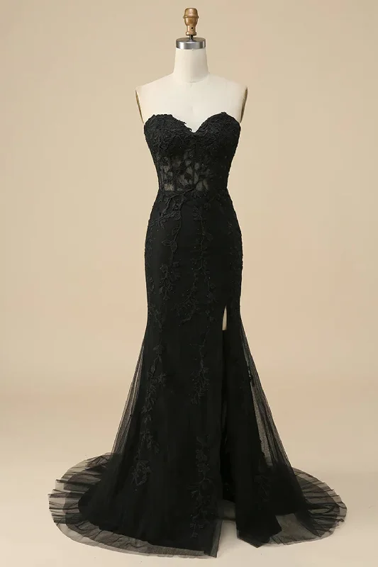 Shop Before It’s Gone!Black Corset Sweetheart Long Lace Mermaid Prom Dress with Slit