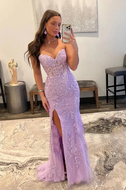 Shop Smart, Save Big!Purple Corset Sweetheart Long Lace Prom Dress with Slit