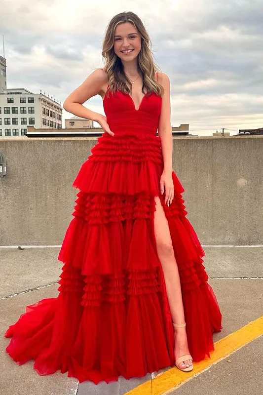 Your Chance to Save is Now!Red Tulle Spaghetti Straps Long Prom Dress