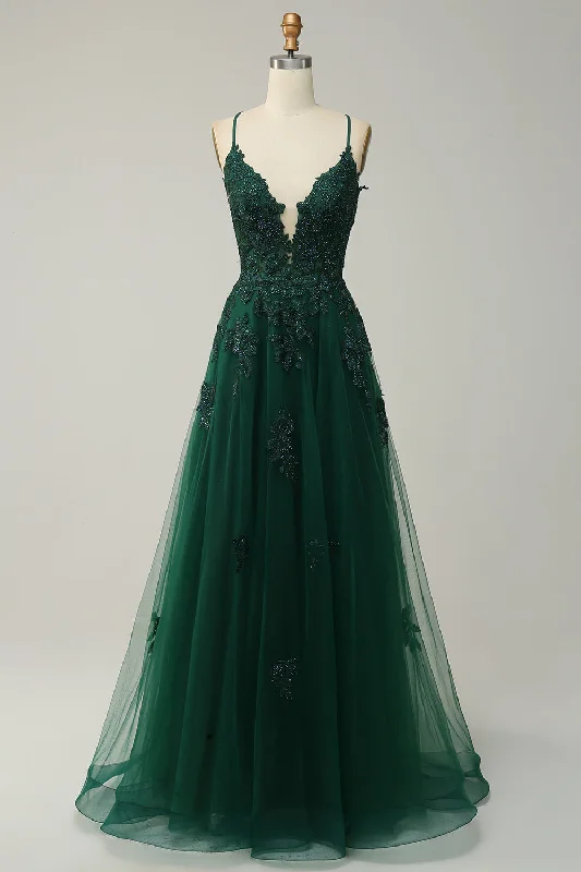 Stock Up and Save!Spaghetti Straps Dark Green Lace-Up Back Long Prom Dress with Appliques