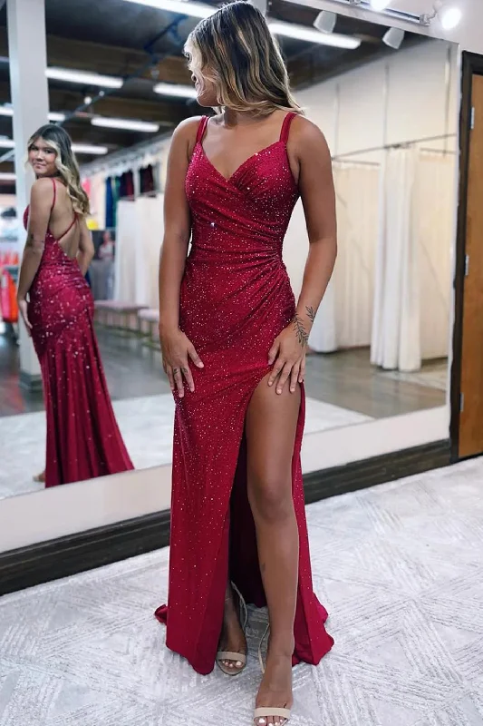 Upgrade for Less!Sparkly Dark Red One Shoulder Sheath Long Prom Dress with Slit