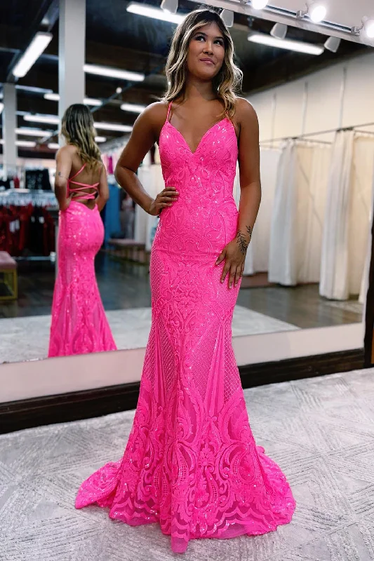 Your Exclusive Offer Awaits!Sparkly Mermaid Backless Hot Pink Sequins Long Prom Dress