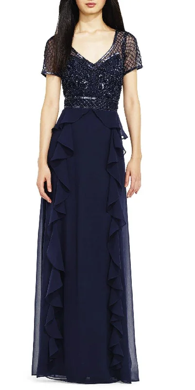 Amazing Prices You Can’t Resist!Adrianna Papell AP1E201086 Short Sleeve Mesh Bodice Ruffled Chiffon Dress