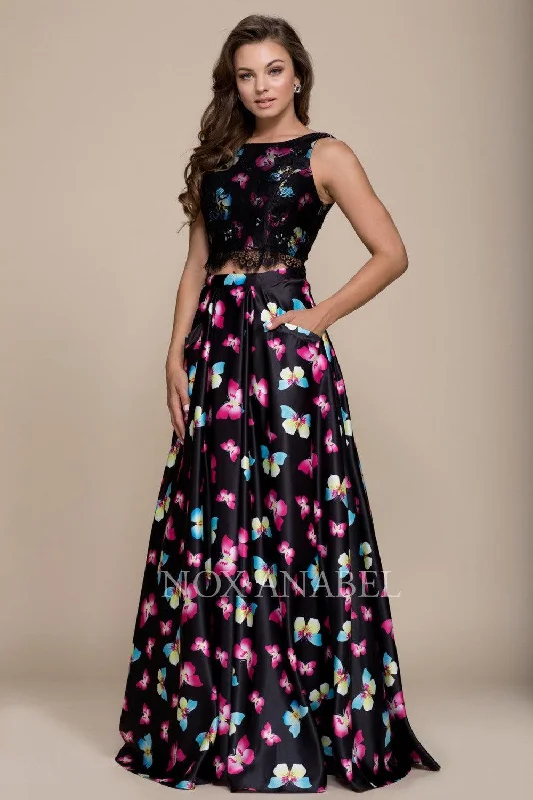 Save Like Never Before!Long Butterfly Print Two Piece Prom Dress Black