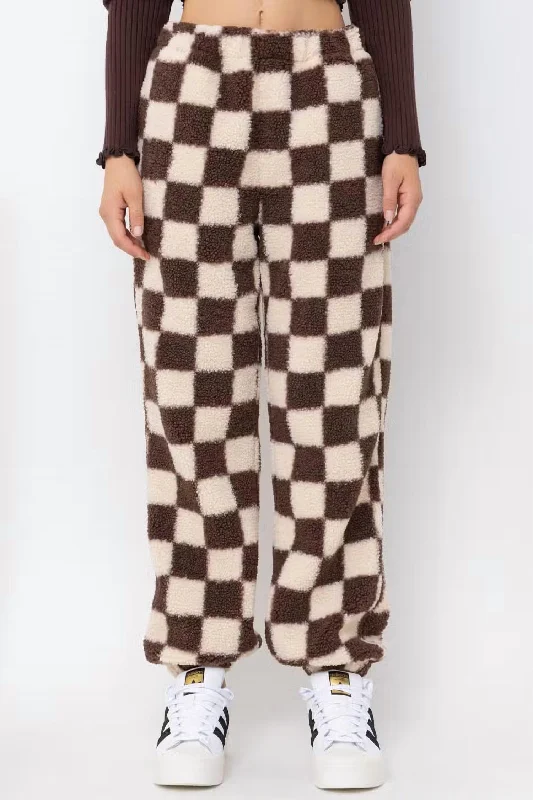 Exclusive Offers You’ll Love!Checkered Print Teddy Joggers In Cream And Brown