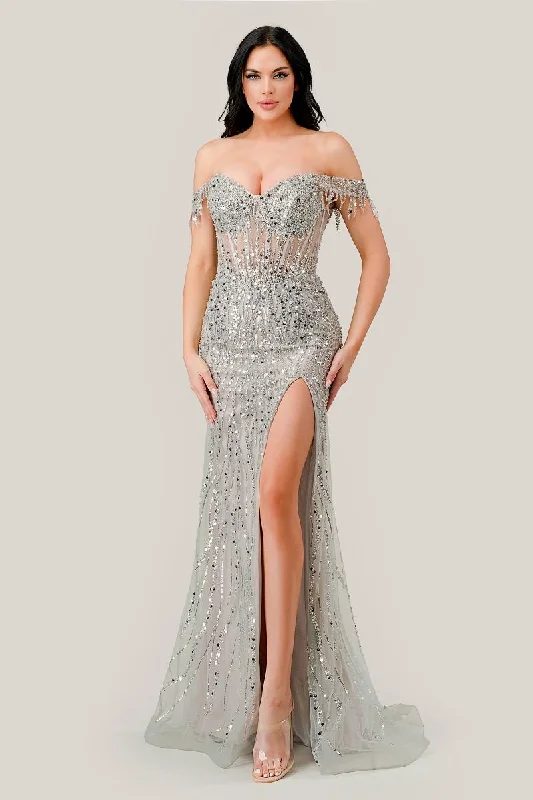 Massive Price Cuts!Cinderella Divine CD0203 Off Shoulder Formal Corset Dress Silver Nude