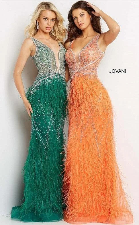 One Click Away from Big Savings!Jovani 03023 Prom Long Sleeveless Feather Dress Emerald